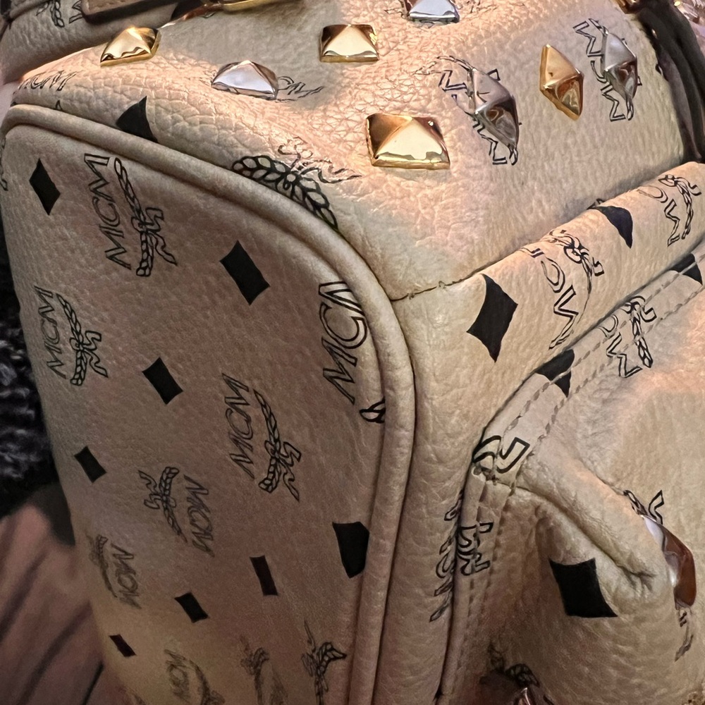 MCM Beige Visetos Silver and Gold Pyramid Studded Backpack with Dust Bag - Picture 16 of 16